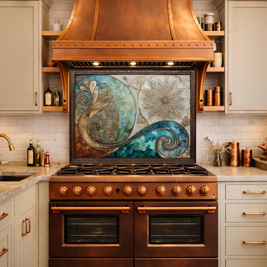 Abstract Floral Glass Kitchen Backsplash Panel, Blue Gold Mosaic Art, Tempered Glass Stove Guard