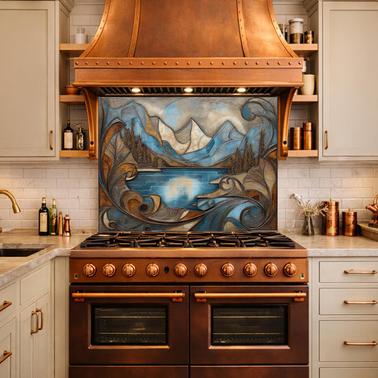 Mountain Lake Glass Kitchen Backsplash Panel, Blue Landscape Mosaic Art, Tempered Glass Stove Guard