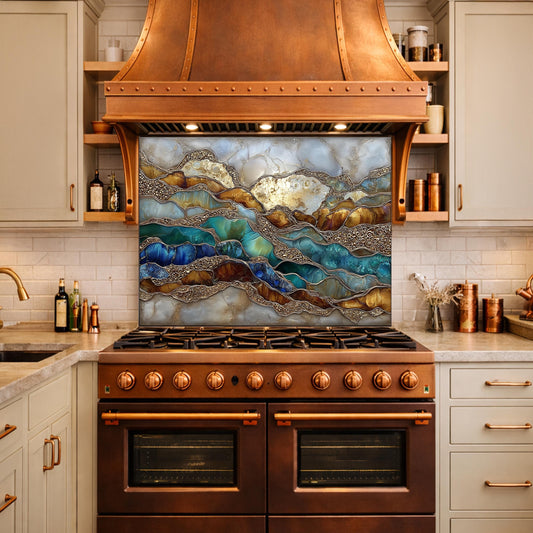 Abstract Marble Wave Glass Kitchen Backsplash Panel, Blue Gold Stone Art Decor