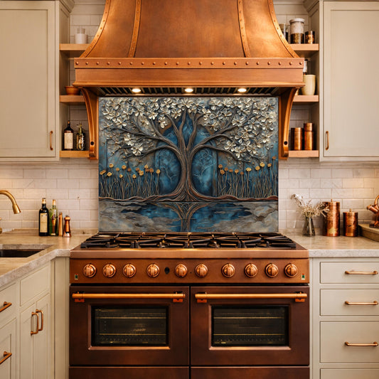 Tree of Life Blue Gold Glass Kitchen Backsplash Panel, Floral Wall Art Decor