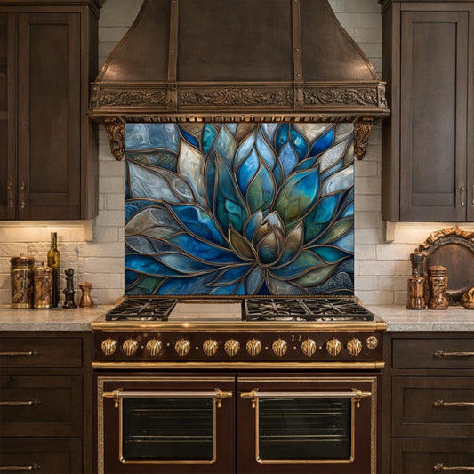 Blue Lotus Flower Tempered Glass Kitchen Backsplash, Stained Glass Mosaic Art Panel