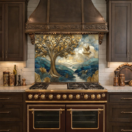 Golden Tree Bird Glass Backsplash Blue Nature Kitchen Wall Decor Pane
