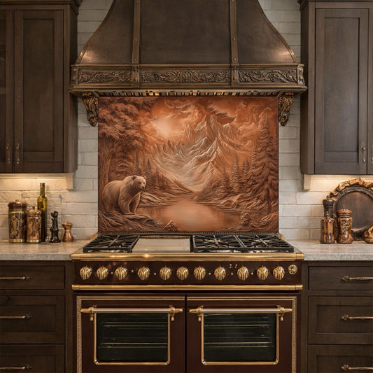 Copper Mountain Bear Glass Kitchen Backsplash Panel, Rustic Stove Guard Wall Art Decor