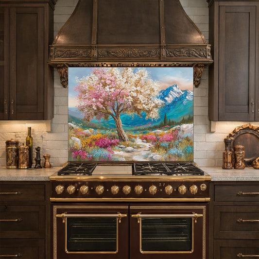 Blossom Tree Glass Kitchen Backsplash Panel, Mountain Floral Stove Guard Wall Art