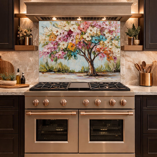 Colorful Blossom Tree Glass Kitchen Backsplash Panel, Floral Wall Art Stove Guard Decor