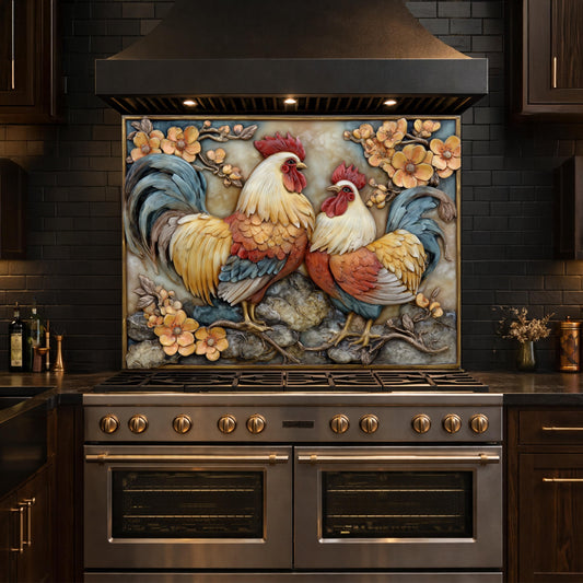 Colorful Rooster Glass Backsplash, Farmhouse Kitchen Decor UV Printed Panel