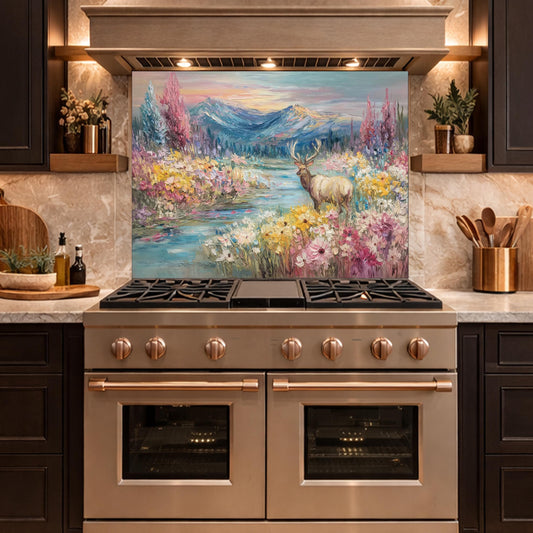 Colorful Deer Lake Glass Backsplash, Floral Mountain Landscape Kitchen Panel
