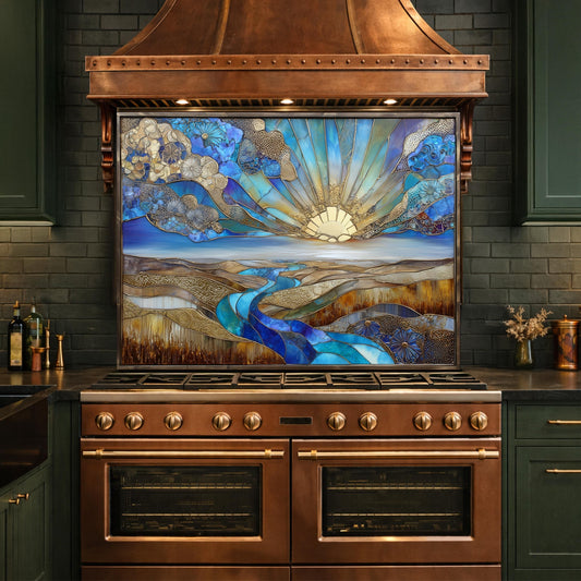 Abstract Sunrise Landscape Tempered Glass Kitchen Backsplash Panel – Blue Gold Scenic Wall Art Decor