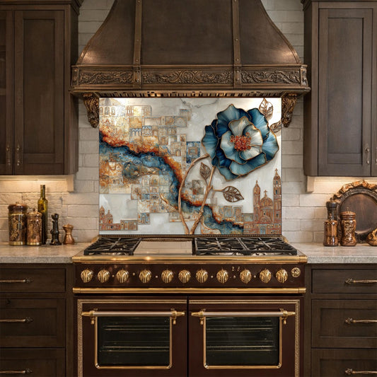 Blue Flower Glass Backsplash Abstract City River Kitchen Wall Decor Panel