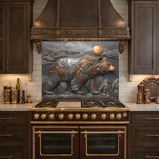 Bear Mountain Tempered Glass Kitchen Backsplash, Rustic Wildlife Stove Guard Wall Art