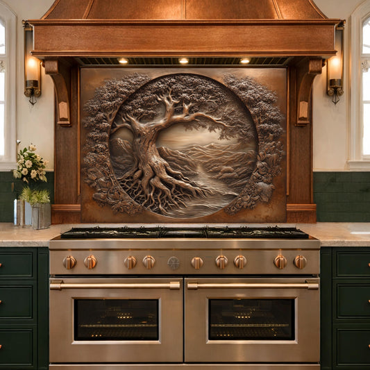 Copper Tree of Life Glass Backsplash, 3D Engraved Rustic Landscape Kitchen Panel
