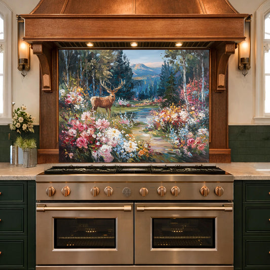 Deer Forest Floral Glass Backsplash, Colorful Mountain Landscape Kitchen Panel