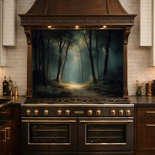 Vintage Forest Backsplash - Enchanted Woodland Glass Panel, Rustic Kitchen Stove Splashback, Nature-Inspired Wall Art