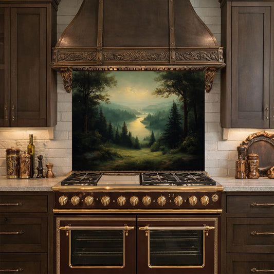 Vintage Forest Backsplash - Misty Woodland Scenic Glass Panel, Kitchen Stove Splashback, Nature-Inspired Art Tile