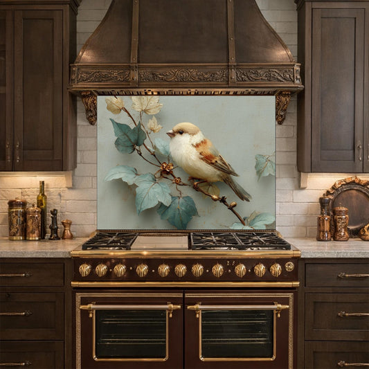 Sparrow Kitchen Backsplash - Oil Painting Floral Glass Panel, Stove Splashback, Nature Inspired Decor