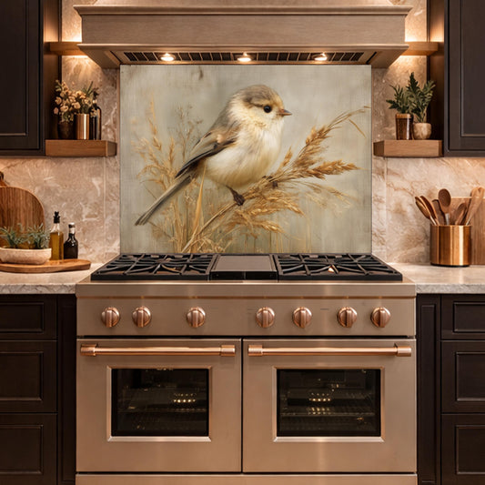 Hand Painted Bird Kitchen Backsplash, Tempered Glass Wall Art, Floral Nature Decor, Modern Home