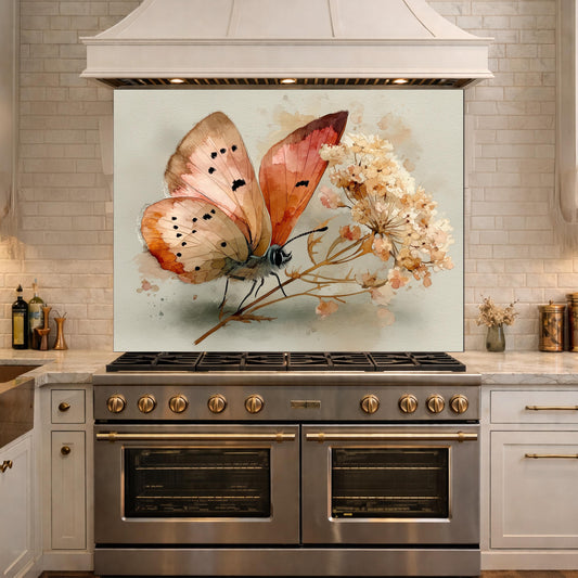 Butterfly Floral Glass Backsplash, Kitchen Wall Panel, Tempered Glass Art, Modern Nature Decor