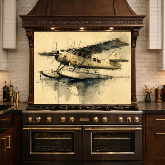 Vintage Seaplane Glass Backsplash, Kitchen Wall Panel, Tempered Glass Art, Retro Aviation Decor