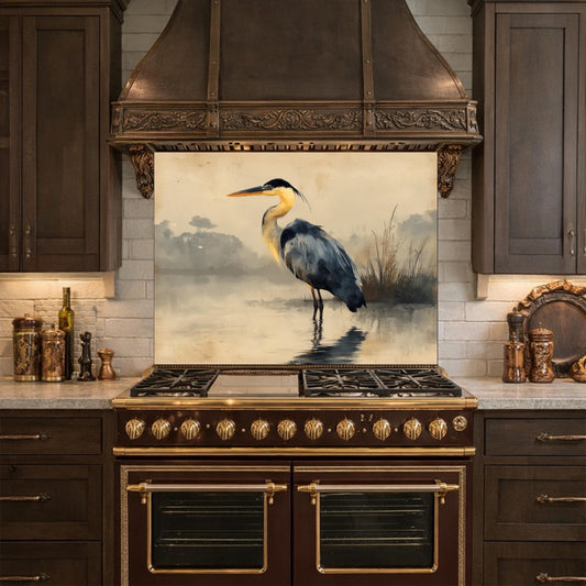 Serene Heron Kitchen Backsplash, Tempered Glass Wall Art, Coastal Nature Decor