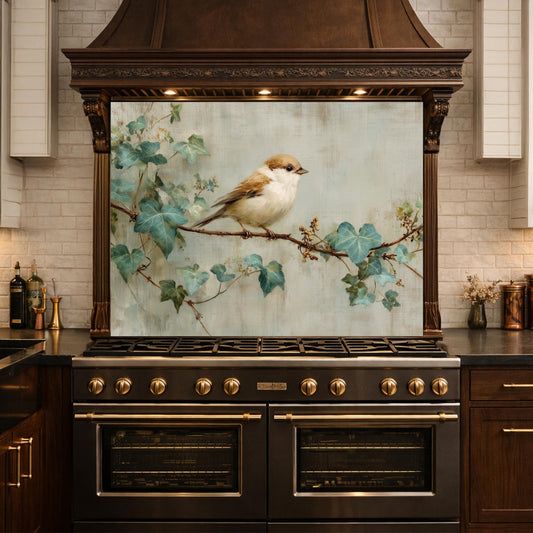 Sparrow Kitchen Backsplash, Vintage Oil Painting Glass Panel, Stove Splashback, Nature Inspired Decor