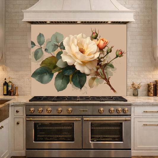Soft Peach Floral Tempered Glass Kitchen Backsplash, Cream Blush Flower Wall Art