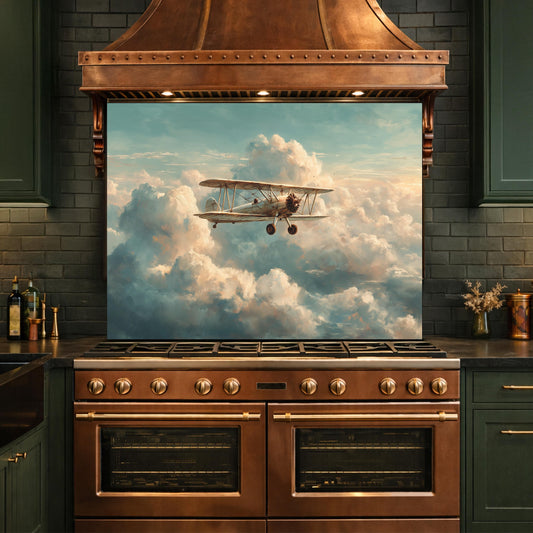 Vintage Biplane Watercolor Glass Backsplash, Kitchen Wall Art Panel