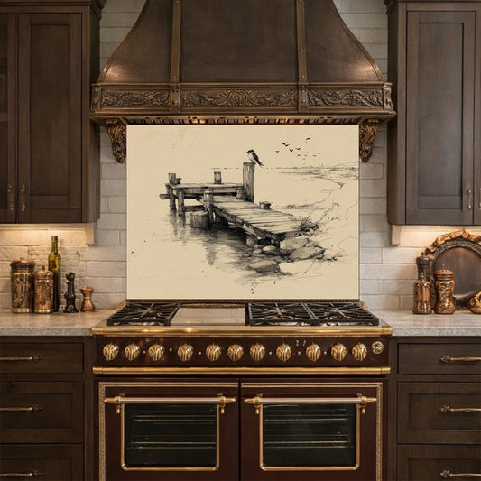 Serene Bird Pier Glass Backsplash, Tempered Glass Wall Art, Coastal Sketch Decor