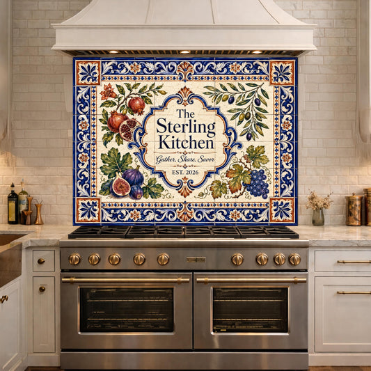 Personalized Mediterranean Tile Backsplash, Custom Family Kitchen Sign, Italian Ceramic Style Tempered Glass Backsplash