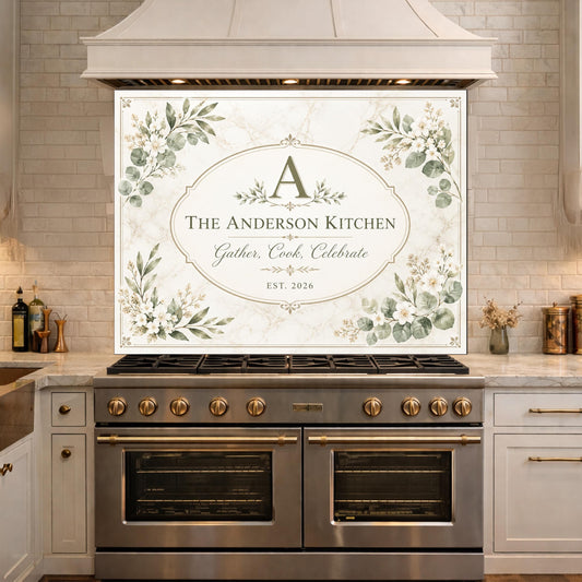 Personalized Botanical Kitchen Backsplash, Custom Family Name Glass Panel, Olive Branch Marble Style Kitchen Sign