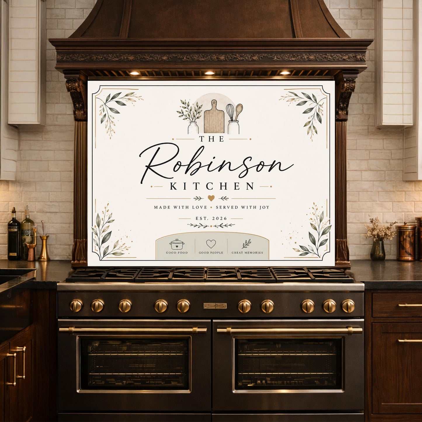 Personalized Farmhouse Kitchen Backsplash, Custom Family Name Glass Panel, Olive Branch Kitchen Sign Decor