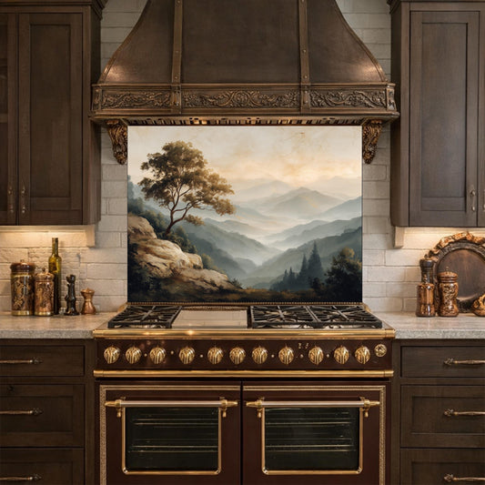 Mountain Landscape Glass Kitchen Backsplash – Serene Nature Stove Decor