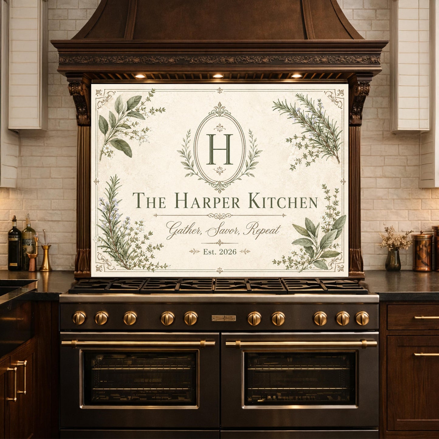 Personalized Botanical Kitchen Backsplash, Custom Family Name Glass Panel, Olive Branch Marble Style Kitchen Sign