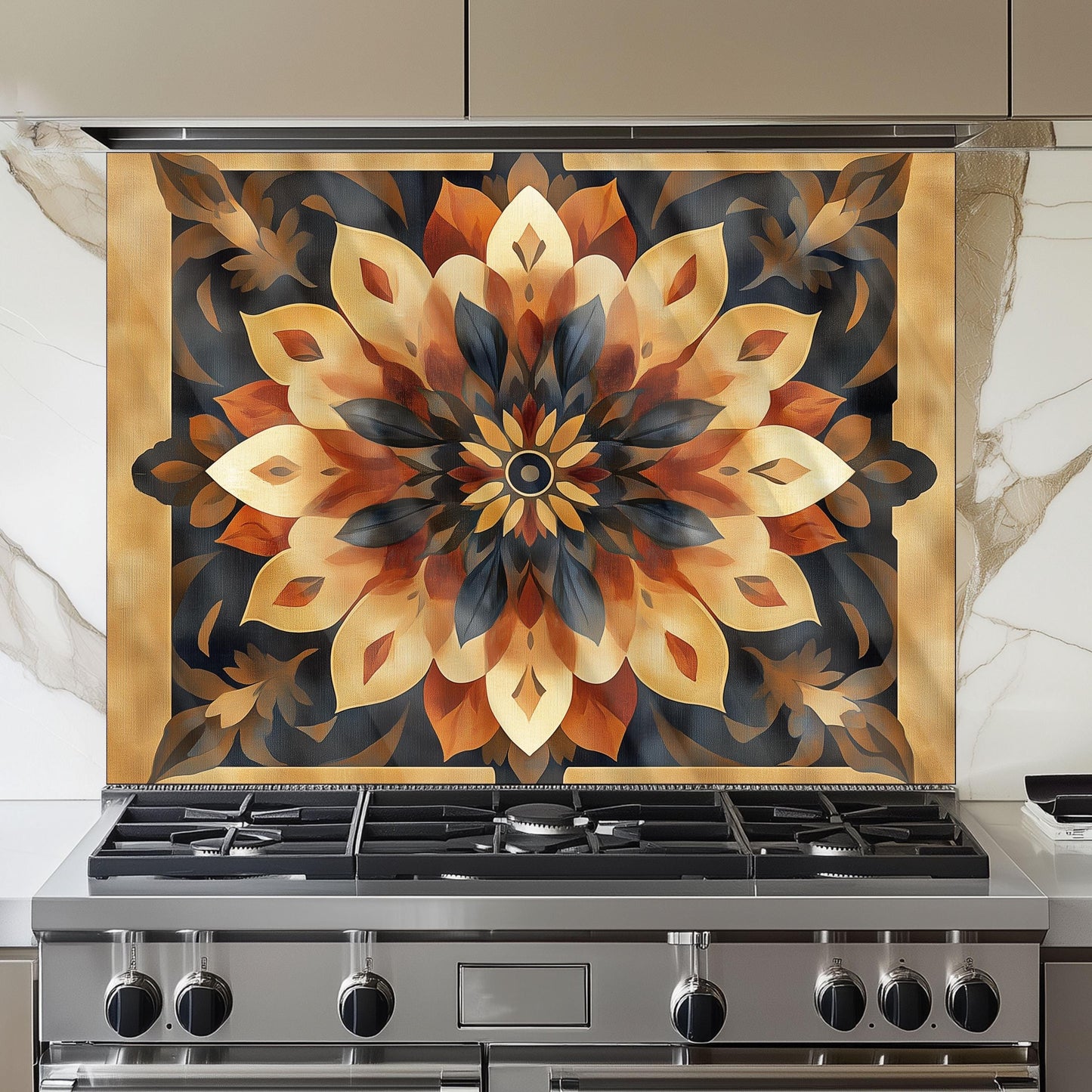 Moroccan Style Glass Backsplash, Blue Geometric Stove Guard, Heat Resistant Easy Clean Kitchen Art