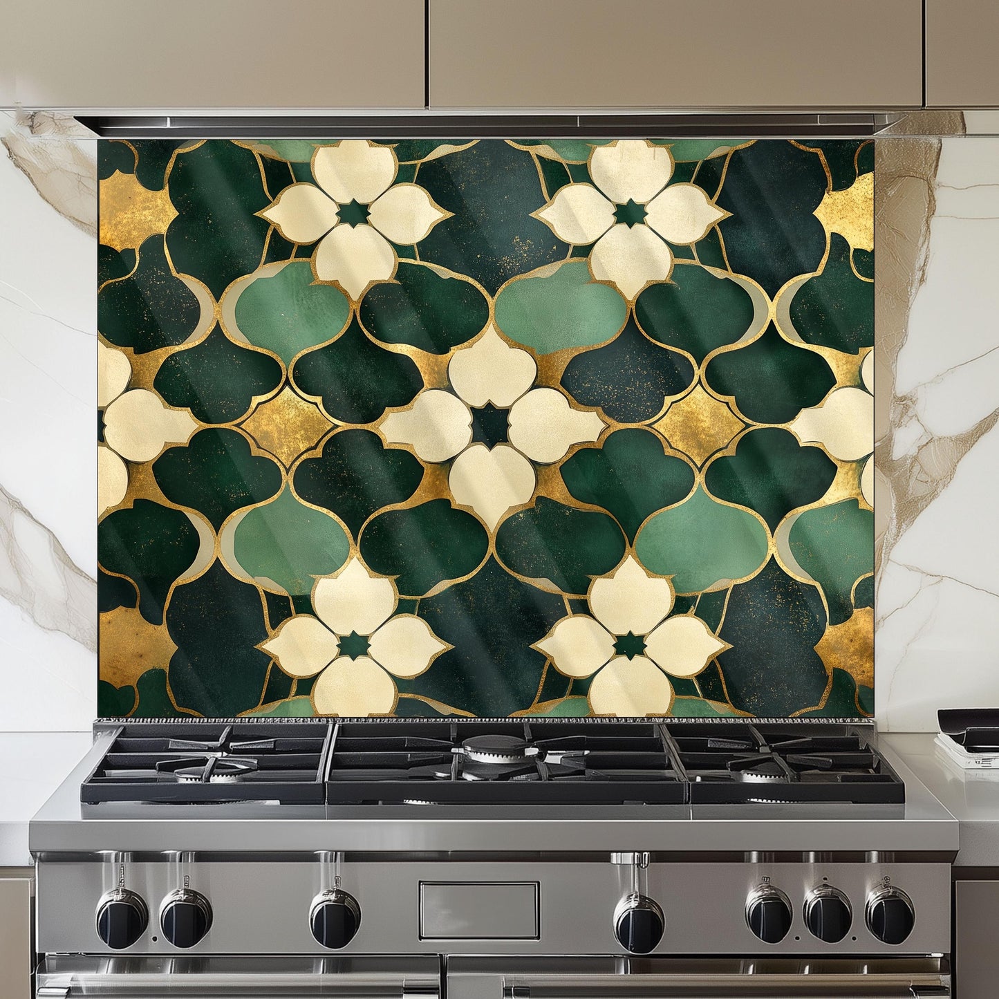 Moroccan Style Glass Backsplash, Ornate Geometric Stove Guard, Heat Resistant Easy Clean Art