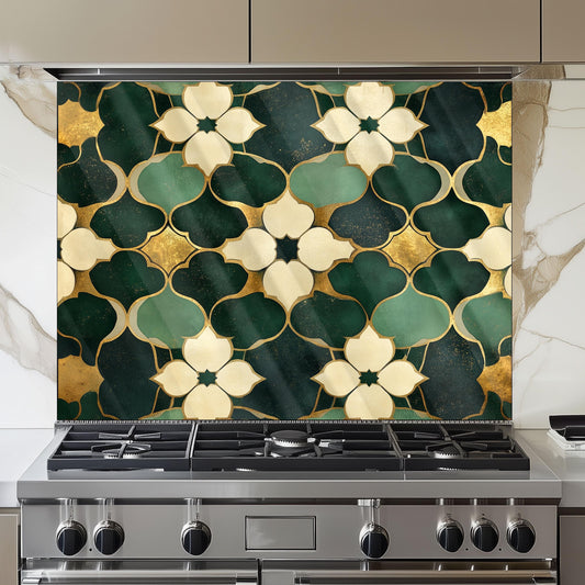 Moroccan Style Glass Backsplash, Ornate Geometric Stove Guard, Heat Resistant Easy Clean Art