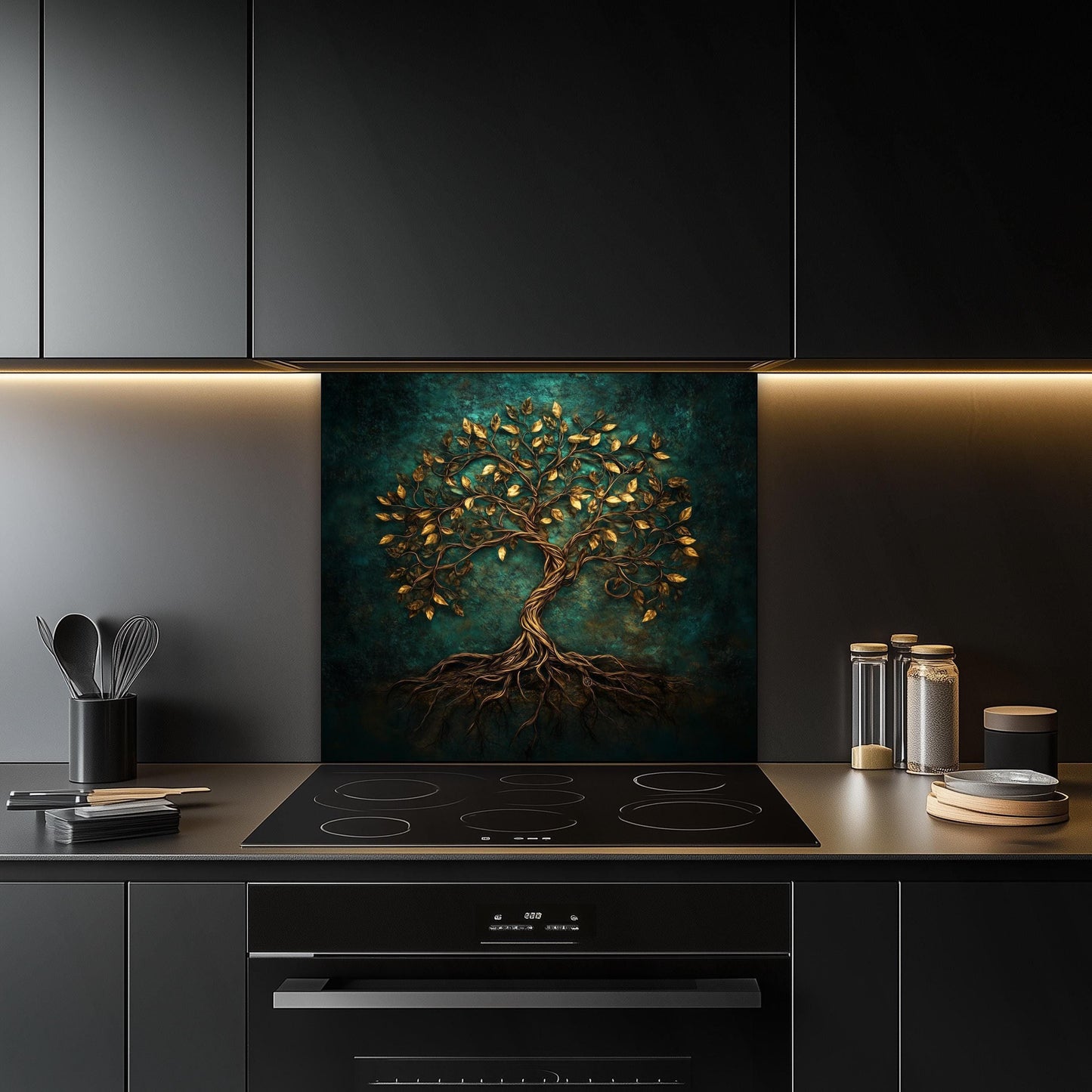 Tempered glass kitchen backsplash, gold leaf tree of life design, heat-resistant splashback, easy to clean, stove wall protector, artistic kitchen decor, modern backsplash, stylish wall art, unique design