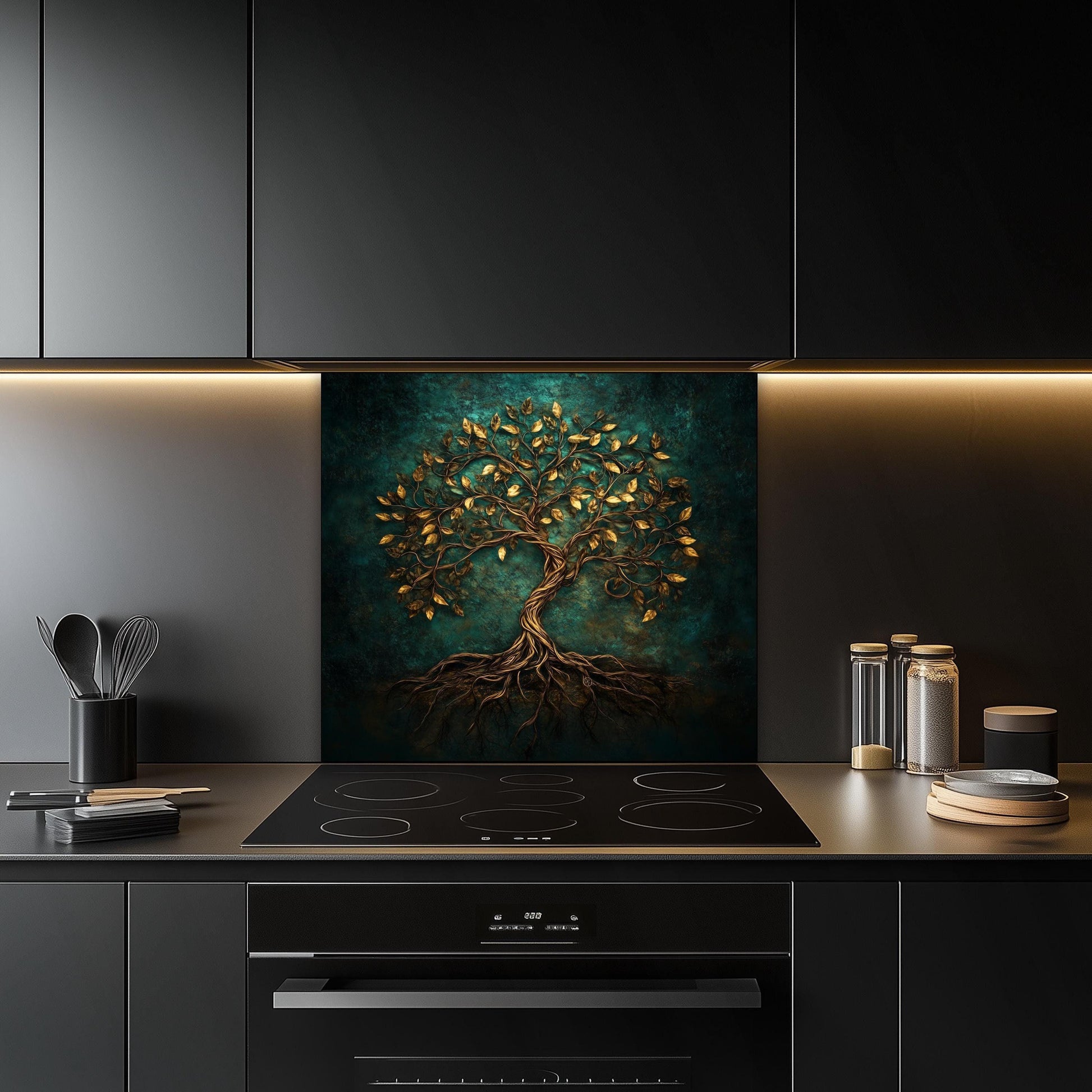 Tempered glass kitchen backsplash, gold leaf tree of life design, heat-resistant splashback, easy to clean, stove wall protector, artistic kitchen decor, modern backsplash, stylish wall art, unique design