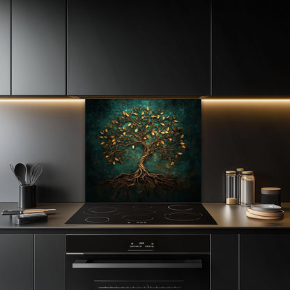 Tempered glass kitchen backsplash, gold leaf tree of life design, heat-resistant splashback, easy to clean, stove wall protector, artistic kitchen decor, modern backsplash, stylish wall art, unique design