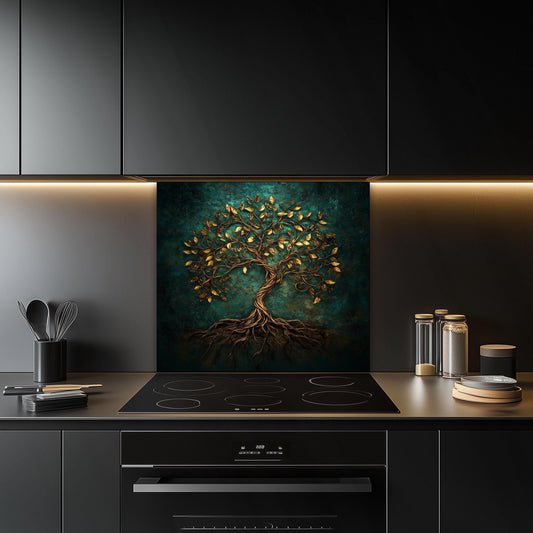 Tempered glass kitchen backsplash, gold leaf tree of life design, heat-resistant splashback, easy to clean, stove wall protector, artistic kitchen decor, modern backsplash, stylish wall art, unique design