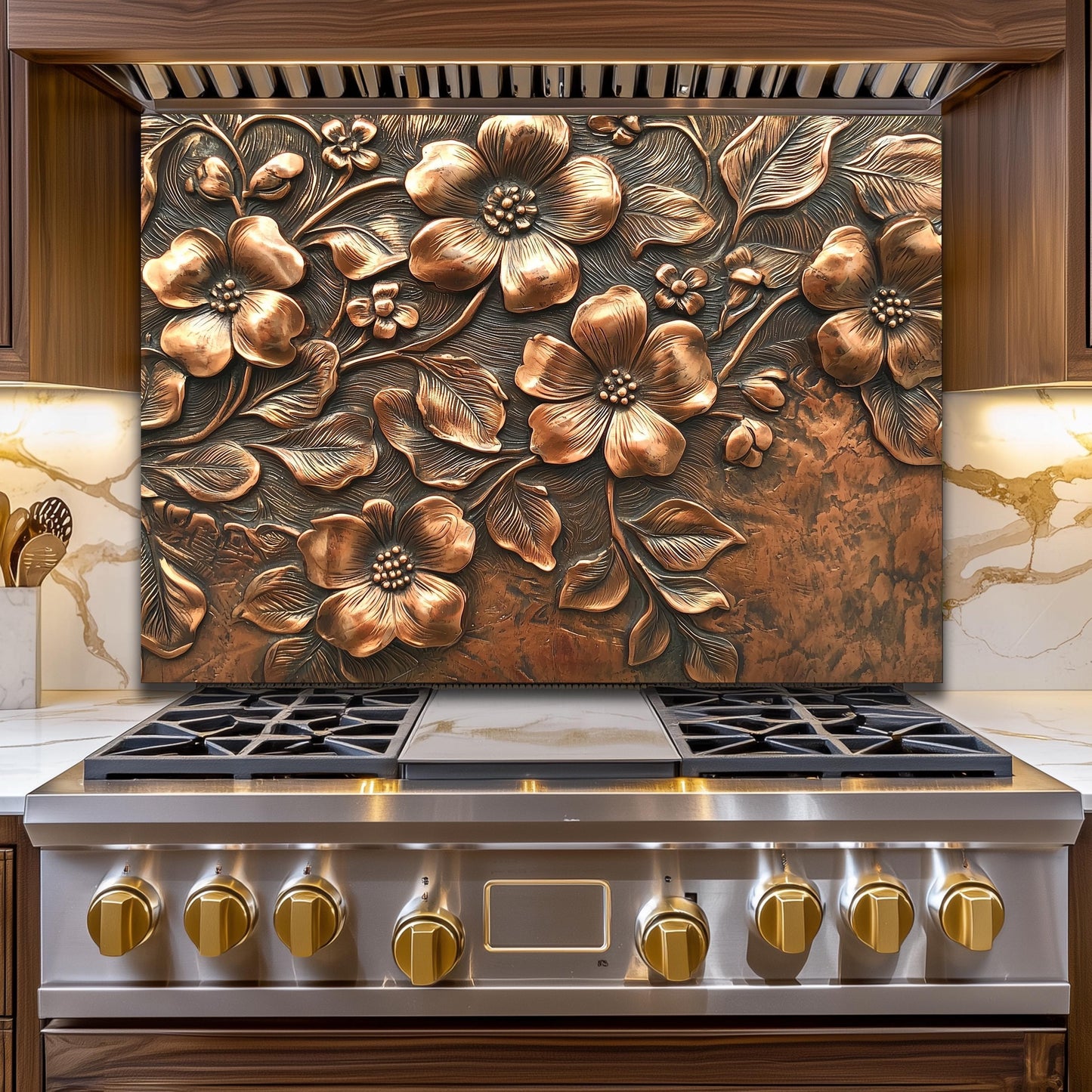 Floral Copper-Effect Tempered Glass Kitchen Backsplash