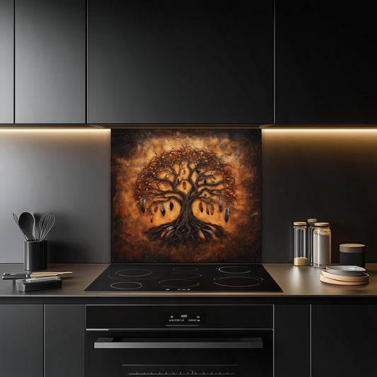 Tempered glass kitchen backsplash, dark boho tree of life design, feather accents, heat-resistant splashback, easy to clean, stove wall protector, modern kitchen decor, artistic backsplash, unique design
