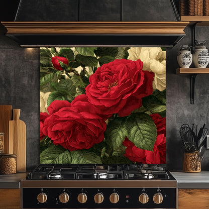 Red Rose Glass Backsplash, Vintage Botanical Stove Guard, Heat Resistant Easy Clean Kitchen Art
