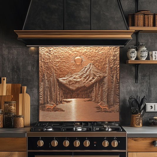 Tempered glass backsplash, mountain landscape design, copper effect kitchen wall protector, heat-resistant backsplash, rustic kitchen decor, nature-inspired kitchen art, easy clean stove backsplash