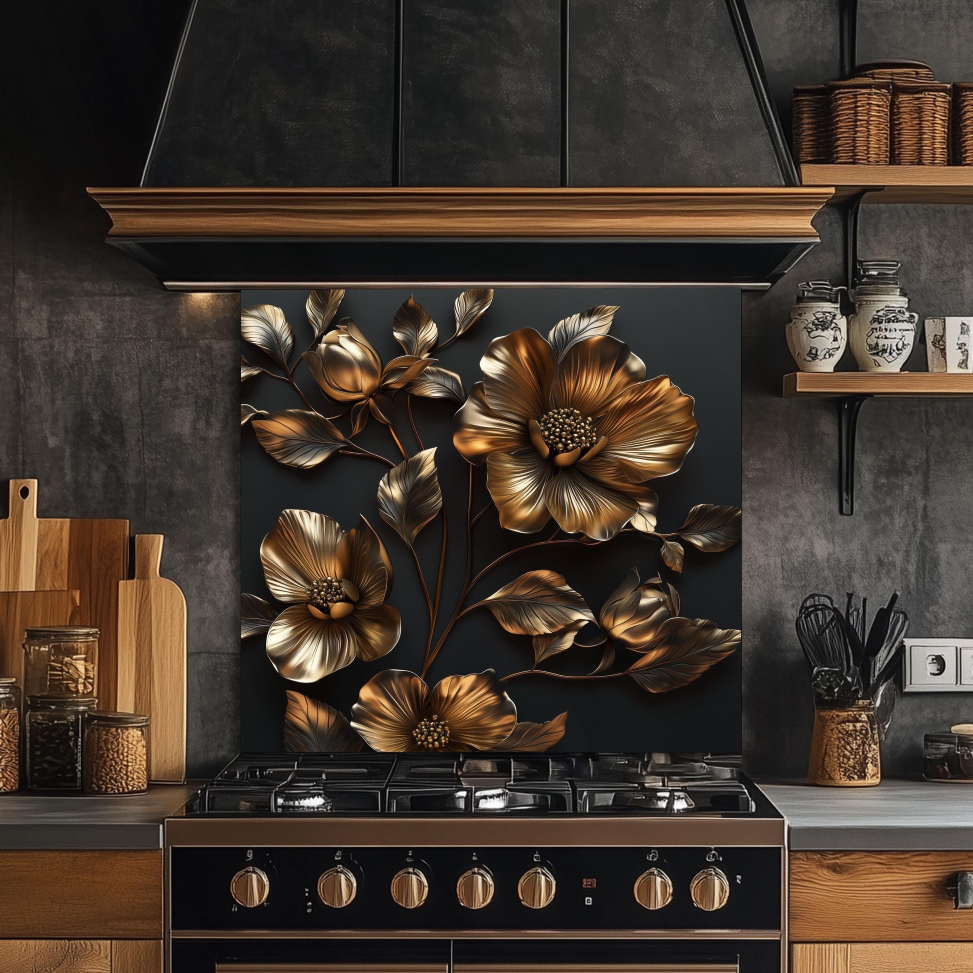 Golden Flower Tempered Glass Kitchen Backsplash: Artistic Flair