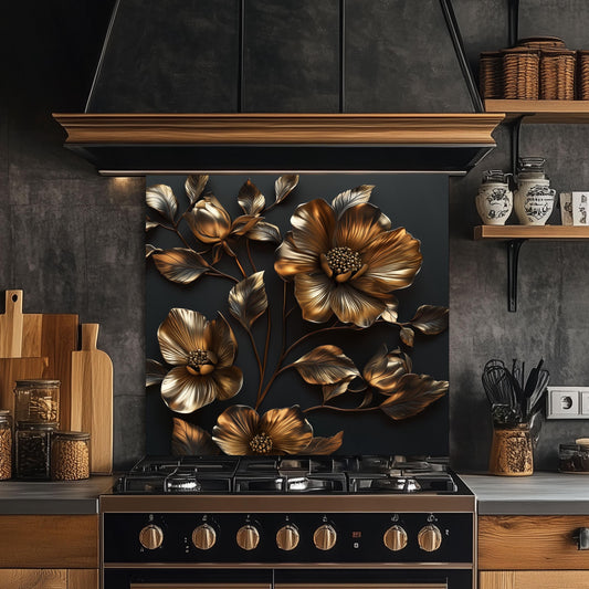 Golden Flower Tempered Glass Kitchen Backsplash: Artistic Flair