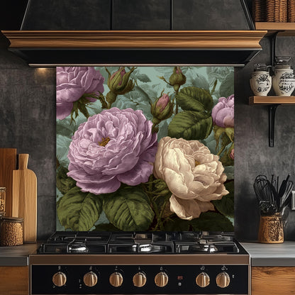 Vintage Pink Roses Kitchen Backsplash: Tempered Glass Floral Wall Panel