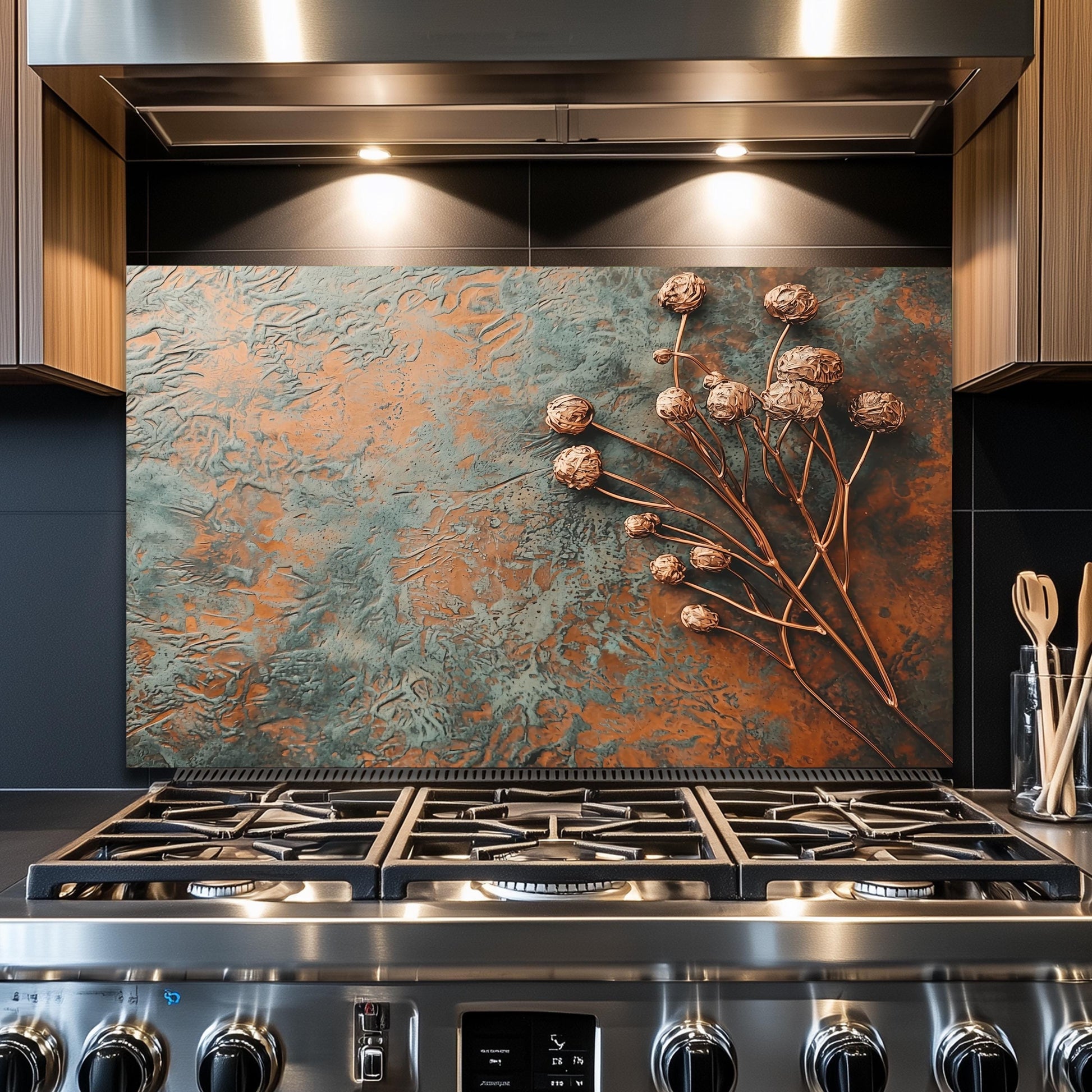 Floral Copper-Effect Tempered Glass Kitchen Backsplash: Rustic Heron Design