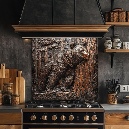handcrafted copper bear backsplash for cabin kitchen