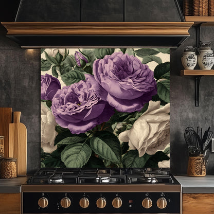 Vintage Purple Roses Glass Kitchen Backsplash - Botanical Floral Wall Art