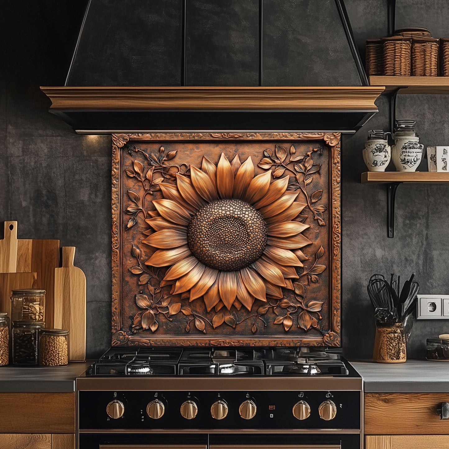 Tempered glass kitchen backsplash, copper sunflower design, heat-resistant splashback, easy to clean, stove wall protector, artistic kitchen decor, modern backsplash, unique wall art, rustic kitchen decor